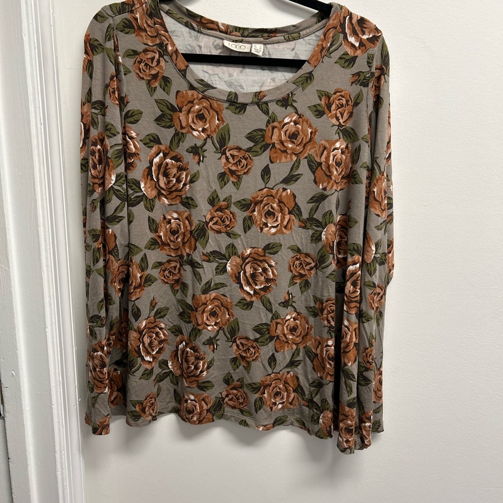 LOGO by Lori Goldstein Floral Long Sleeve Top - Gray and Brown - Picture 6 of 6